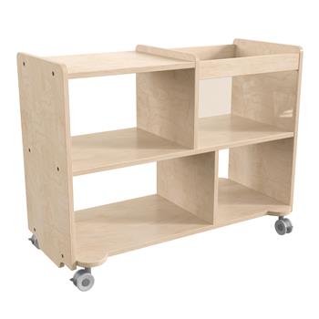 Bright Beginnings Commercial Double Sided Wooden Mobile Storage Cart, 4 Compartments, 1 Clear Bin, Natural