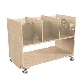 Bright Beginnings Commercial Double Sided Wooden Mobile Storage Cart, Locking Caster Wheels, 6 Clear Storage Bins, Lower Shelf, Natural
