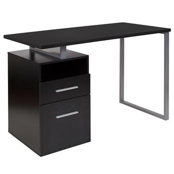 Flash Furniture Harwood Computer Desk with Two Drawers and Silver Metal Frame, Wood Grain Finish, Dark Ash