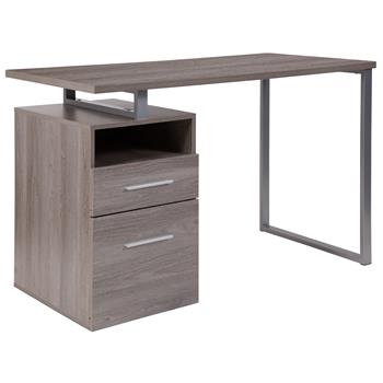 Flash Furniture Harwood Computer Desk with Two Drawers and Silver Metal Frame, Wood Grain Finish, Light Ash