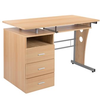 Flash Furniture Desk with Three Drawer Pedestal And Pull-Out Keyboard Tray, Maple