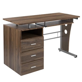 Flash Furniture Desk with Three Drawer Pedestal And Pull-Out Keyboard Tray, Rustic Walnut