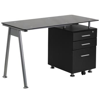 Flash Furniture Singleton Glass Computer Desk, Three Drawer Pedestal, Black