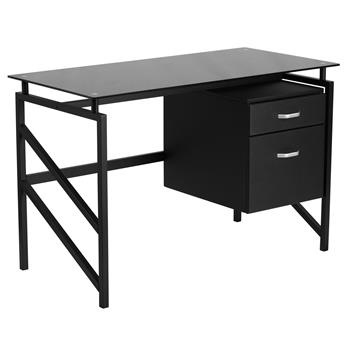 Flash Furniture Singleton Glass Desk, Two Drawer Pedestal, Black