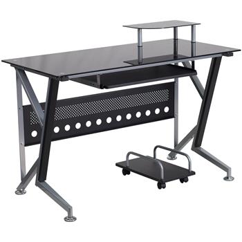 Flash Furniture Singleton Glass Computer Desk, Pull-Out Keyboard Tray, CPU Cart, Silver Frame, Black