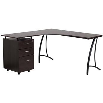 Flash Furniture L-Shape Desk with Three Drawer Pedestal, Laminate, Walnut