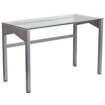 Flash Furniture Jayden Contemporary Clear Tempered Glass Desk, Geometric Sides, Silver Metal Frame