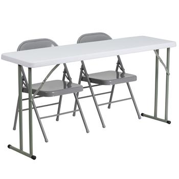 Flash Furniture 5-Foot Plastic Folding Training Table Set with 2 Gray Metal Folding Chairs