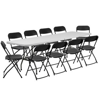 Flash Furniture 8&#39; Bi-Fold Granite White Plastic Event/Training Folding Table Set with 10 Folding Chairs