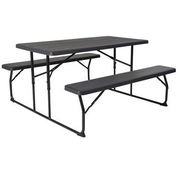 Flash Furniture Insta-Fold Wood Grain Folding Picnic Table And Benches, 4.5&#39;, Charcoal