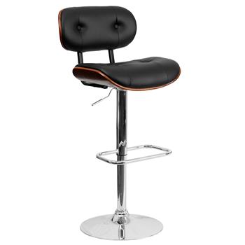 Flash Furniture Walnut Bentwood Adjustable Height Barstool With Button Tufted Black Vinyl Seat