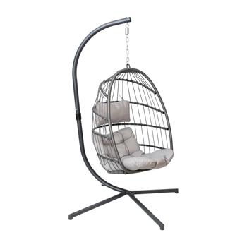 Flash Furniture Cleo Patio Hanging Egg Chair, Wicker Hammock with Soft Seat Cushions, Gray