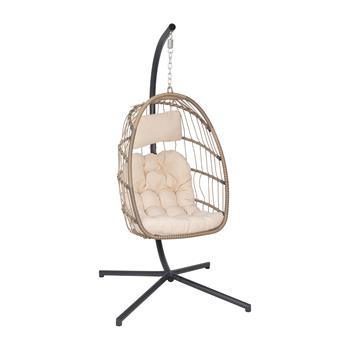 Flash Furniture Cleo Patio Hanging Egg Chair, Wicker Hammock with Soft Seat Cushions, Natural Cream