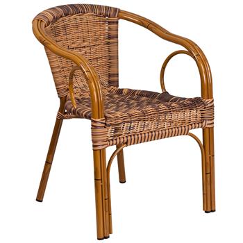 Flash Furniture Cadiz Series Rattan Restaurant Patio Chair, Dark Red Bamboo-Aluminum Frame, Burning Brown