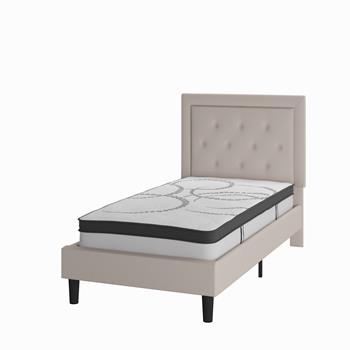 Flash Furniture Roxbury Tufted Upholstered Platform Bed with Pocket Spring Mattress, Twin Size, Beige