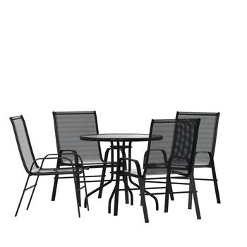 Flash Furniture Brazos 5 Piece Outdoor Patio Dining Set, Round Glass Patio Table with 4 Flex Comfort Stack Chairs, Black