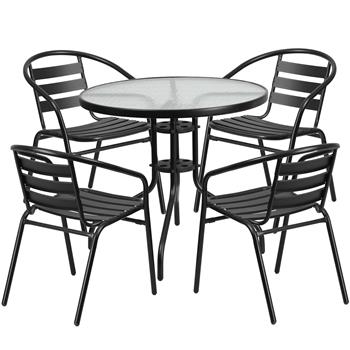 Flash Furniture 31.5&quot; Round Glass Metal Table with 4 Aluminum Slat Stack Chairs, Black