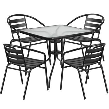Flash Furniture 31.5&#39;&#39; Square Glass Metal Table With 4 Black Metal Aluminum Slat Stack Chairs