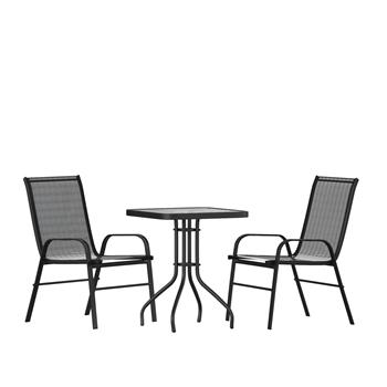 Flash Furniture Brazos 3 Piece Outdoor Patio Dining Set, Square Glass Patio Table with 2 Flex Comfort Stack Chairs, Black