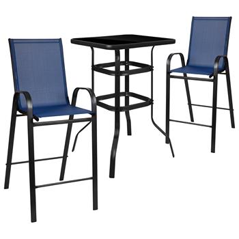 Flash Furniture 2-Person Bistro Set, Outdoor Glass Bar Table With Navy All-Weather Patio Stools