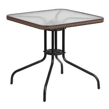 Flash Furniture 28&#39;&#39; Square Tempered Glass Metal Table With Dark Brown Rattan Edging
