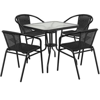 Flash Furniture 28&quot; Square Glass Metal Table with 4 Stack Chairs, Rattan, Black