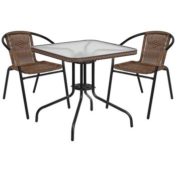 Flash Furniture 28&quot; Square Glass Metal Table with 2 Stack Chairs, Rattan, Dark Brown