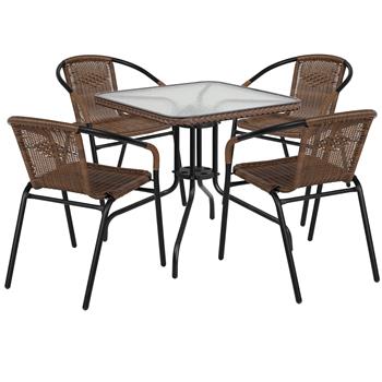 Flash Furniture 28&quot; Square Glass Metal Table with 4 Stack Chairs, Rattan, Dark Brown