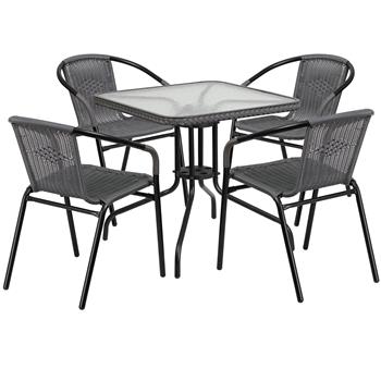 Flash Furniture 28&quot; Square Glass Metal Table with 4 Stack Chairs, Rattan, Gray