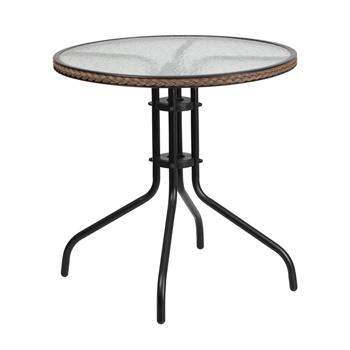 Flash Furniture Table, Tempered Glass/Metal/Rattan, 28&quot; Round, Dark Brown