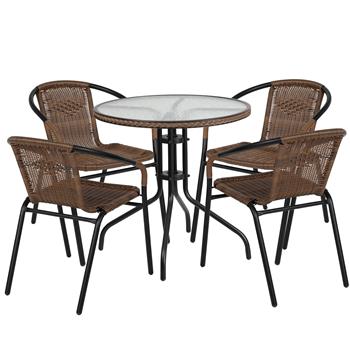 Flash Furniture 28&#39;&#39; Round Glass Metal Table With Dark Brown Rattan Edging &amp; 4 Dark Brown Rattan Stack Chairs