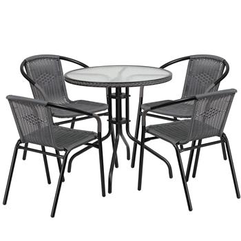 Flash Furniture 28&#39;&#39; Round Glass Metal Table with Gray Rattan Edging and 4 Gray Rattan Stack Chairs
