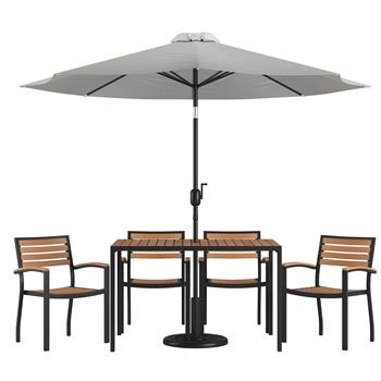 Flash Furniture Lark 7 Piece Outdoor Patio Dining Table Set with 4 Stackable Chairs, 30 in x 48 in Table, Gray Umbrella and Base
