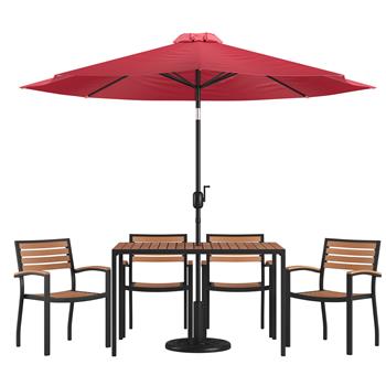 Flash Furniture Lark 7 Piece Outdoor Patio Dining Table Set with 4 Stackable Chairs, 30 in x 48 in Table, Red Umbrella and Base