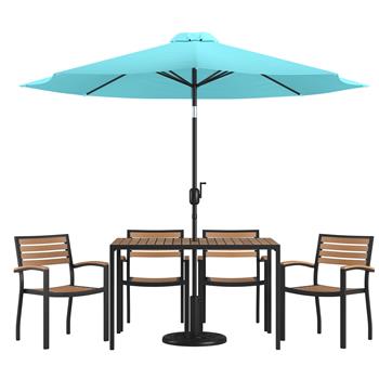 Flash Furniture Lark 7 Piece Outdoor Patio Dining Table Set with 4 Stackable Chairs, 30 in x 48 in Table, Teal Umbrella and Base
