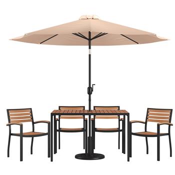Flash Furniture Lark 7 Piece Outdoor Patio Dining Table Set with 4 Stackable Chairs, 30 in x 48 in Table, Tan Umbrella and Base