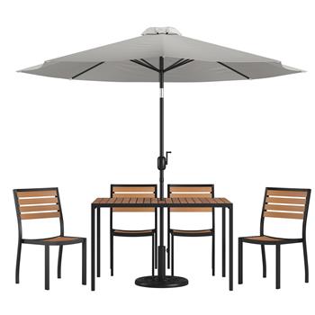 Flash Furniture Lark 7 Piece All-Weather Patio Set with 4 Stacking Chairs, 30 in x 48 in Table, Gray Umbrella and Base