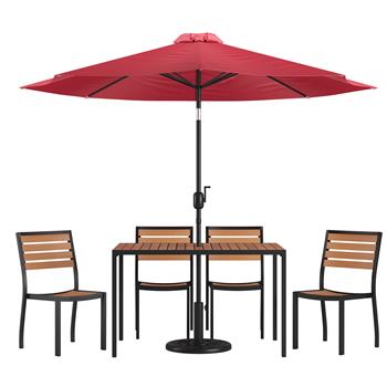 Flash Furniture Lark 7 Piece All-Weather Patio Set with 4 Stacking Chairs, 30 in x 48 in Table, Red Umbrella and Base