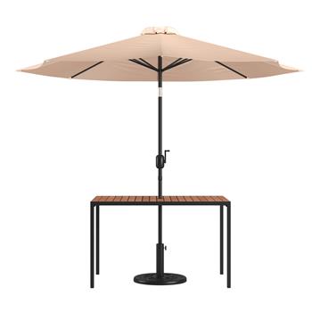 Flash Furniture Lark 3 Piece Outdoor Patio Table Set, 30&quot;D x 48&quot;W Table with Umbrella and Base, Tan