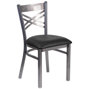 Flash Furniture HERCULES Series Clear Coated &#39;&#39;X&#39;&#39; Back Metal Restaurant Chair - Black Vinyl Seat