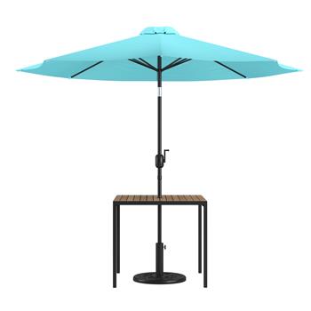 Flash Furniture Lark 3 Piece Outdoor Patio Table Set, 35 in Square Table with Umbrella and Base, Teal