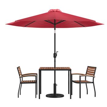 Flash Furniture Lark 5 Piece Outdoor Patio Table Set with 2 Stackable Chairs, 35 in Square Table, Red Umbrella and Base