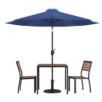 Flash Furniture Lark 5 Piece All-Weather Patio Set with 2 Stacking Faux Teak Chairs, 35 in Square Faux Teak Table, Navy Umbrella and Base