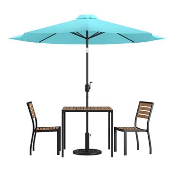 Flash Furniture Lark 5 Piece All-Weather Patio Set with 2 Stacking Faux Teak Chairs, 35 in Square Faux Teak Table, Teal Umbrella and Base