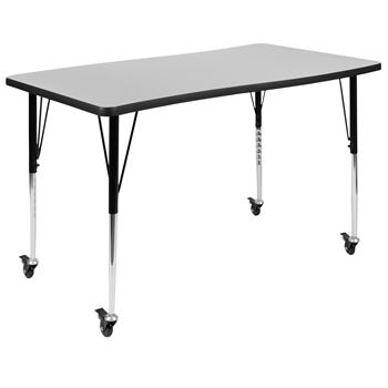 Flash Furniture Height Adjustable Mobile Rectangular Wave Activity Table, Thermal Laminate, Grey, 28&quot;W X 47.5&quot;L