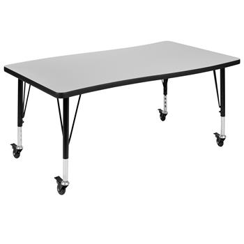 Flash Furniture Short-Leg Height Adjustable Mobile Rectangular Wave Activity Table, Thermal Laminate, Grey, 28&quot;W X 47.5&quot;L