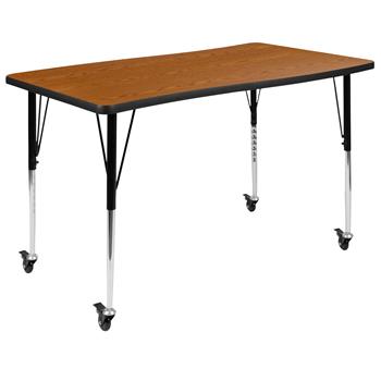 Flash Furniture Height Adjustable Mobile Rectangular Wave Activity Table, Thermal Laminate, Oak, 28&quot;W X 47.5&quot;L