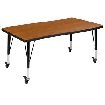 Flash Furniture Short-Leg Height Adjustable Mobile Rectangular Wave Activity Table, Thermal Laminate, Oak, 28&quot;W X 47.5&quot;L
