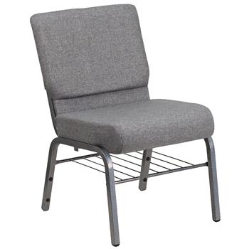 Flash Furniture Hercules Series 21&#39;&#39;W Church Chair In Gray Fabric With Book Rack,Silver Vein Frame