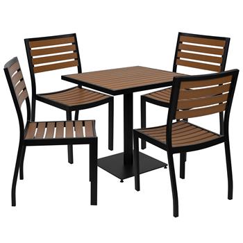 Flash Furniture Outdoor Patio Bistro Dining Table Set With 4 Chairs And Faux Teak Poly Slats